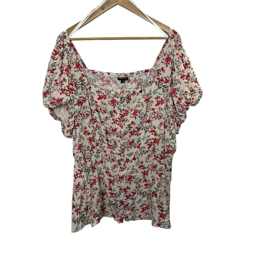 Torrid Ivory Floral Peplum Challis Puff Short Sleeve Top Women's 3X 22/24